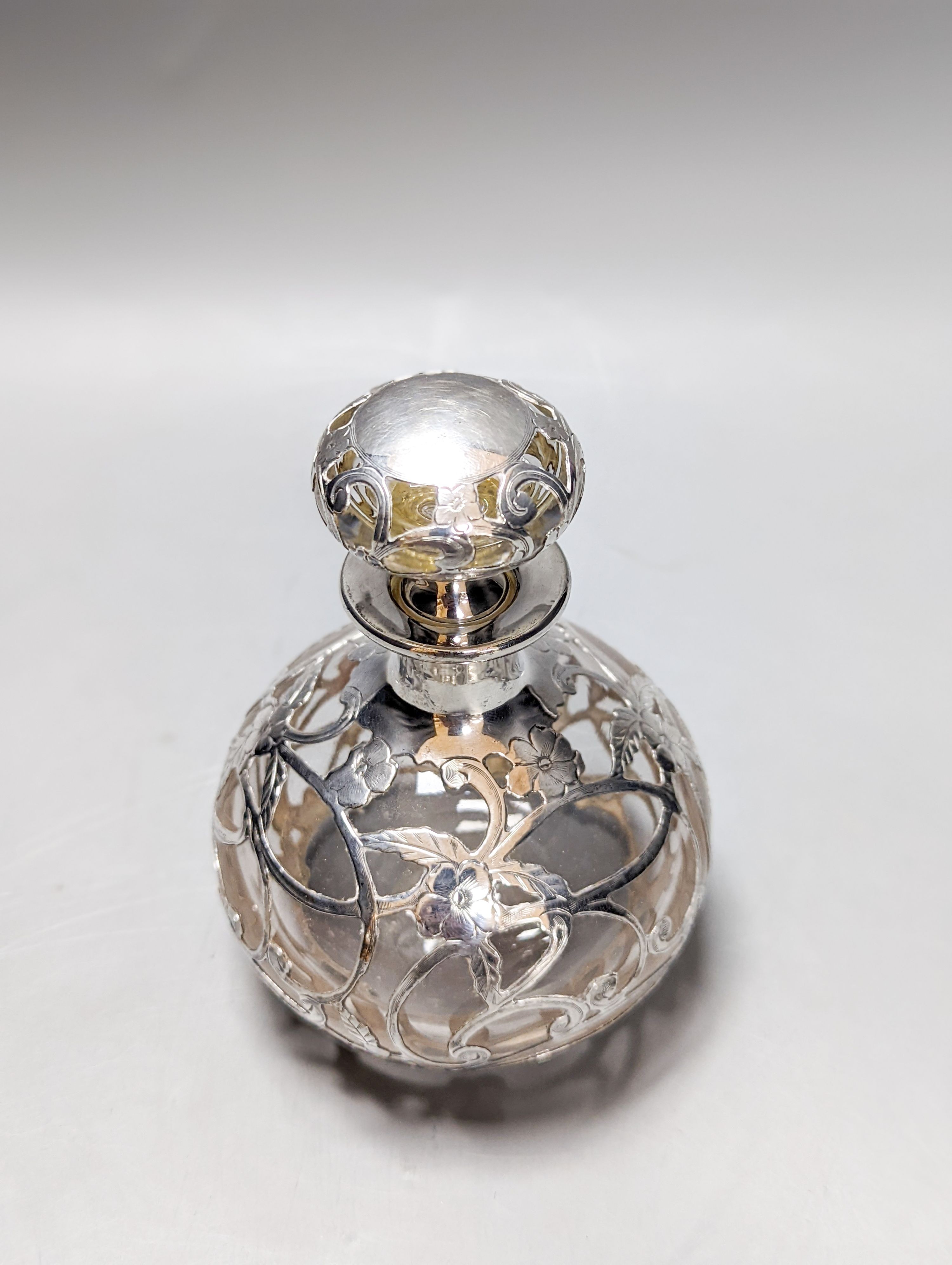 A sterling silver overlaid glass scent bottle 12.5cm